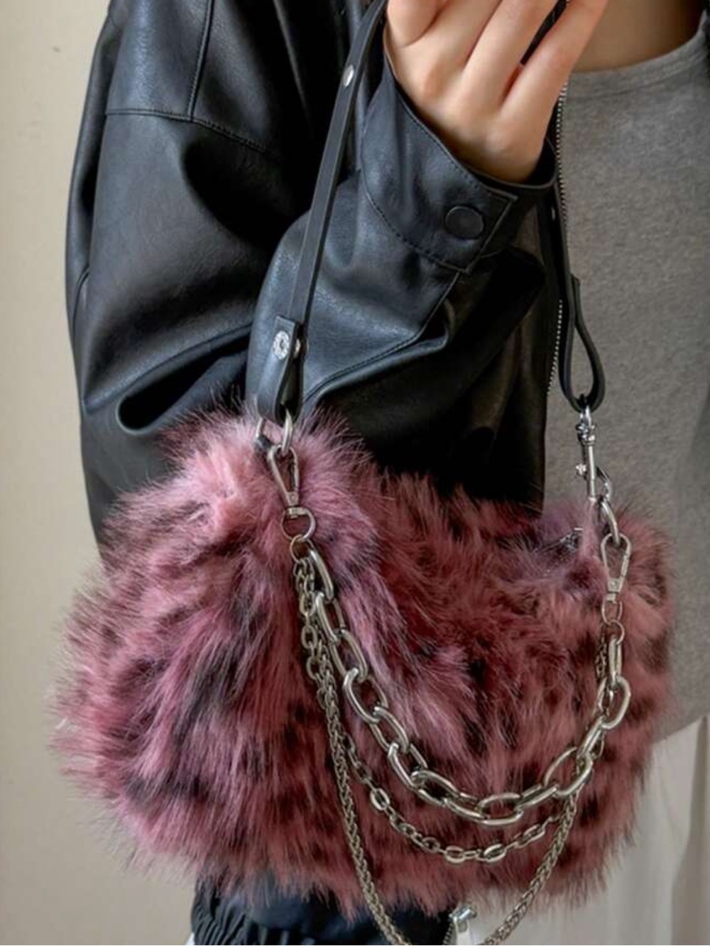 1pc Women's Gradient Deer Spotted Faux Fur Shoulder Bag, , Autumn/Winter
